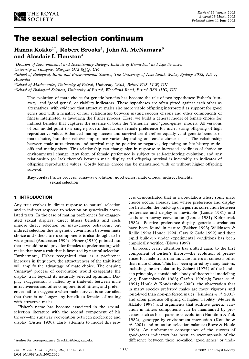 The Sexual Selection Continuum Hanna Kokko1*, Robert Brooks2, John M