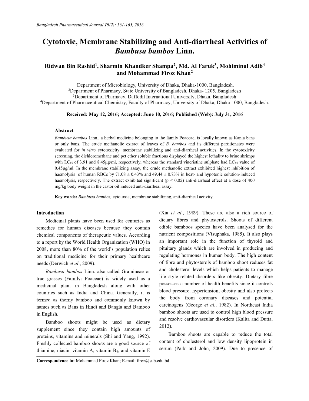 Cytotoxic, Membrane Stabilizing and Anti-Diarrheal Activities of Bambusa Bambos Linn