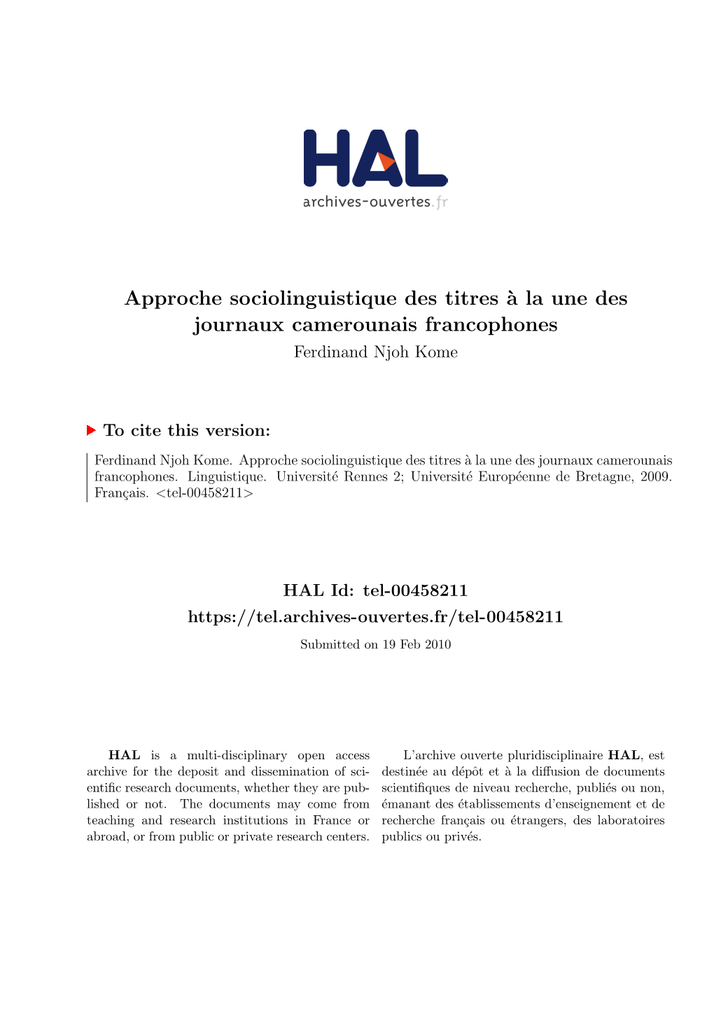 Approche Sociolinguistique Des Titres À La Une Des Journaux Camerounais Francophones