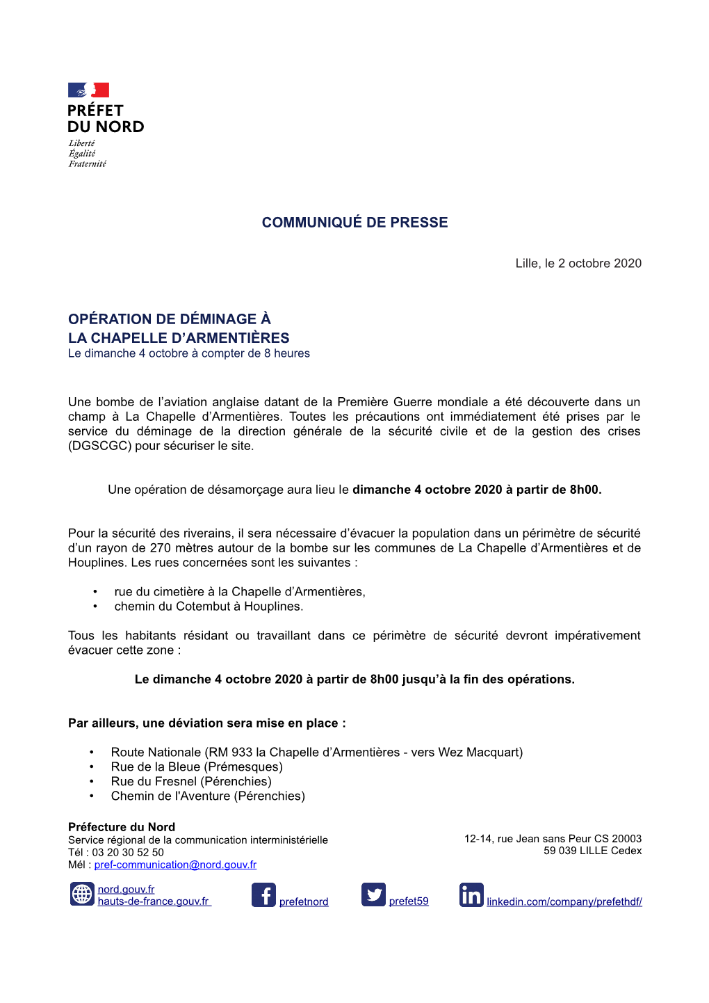 Communiqué De Presse Opération De Déminage À La Chapelle D'armentières