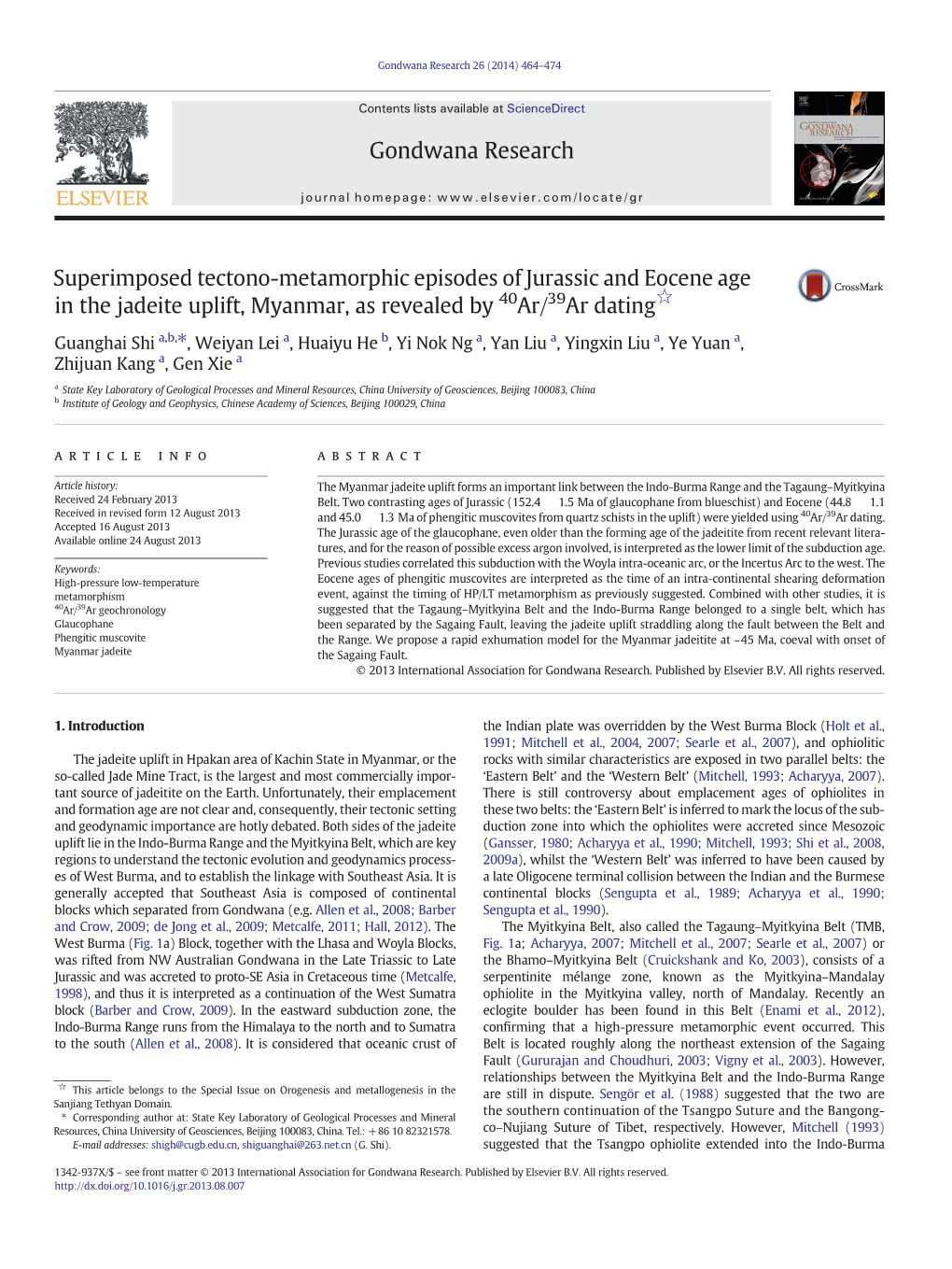 Superimposed Tectono-Metamorphic Episodes of Jurassic and Eocene Age in the Jadeite Uplift, Myanmar, As Revealed by 40Ar/39Ar Dating☆