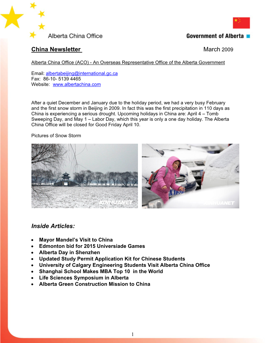 Alberta China Office Newsletter MARCH 2009