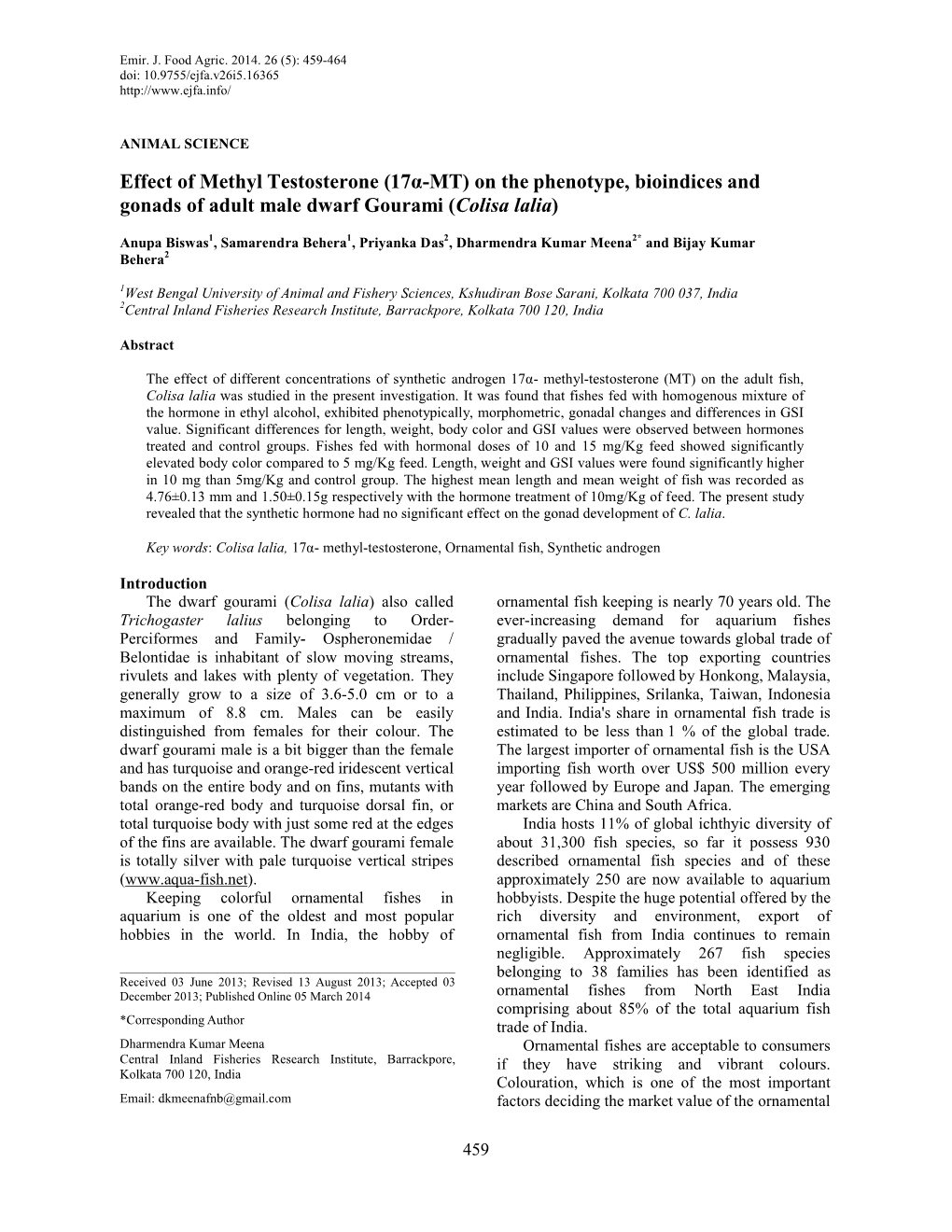 Effect of Methyl Testosterone (17Α-MT) on the Phenotype, Bioindices and Gonads of Adult Male Dwarf Gourami (Colisa Lalia)