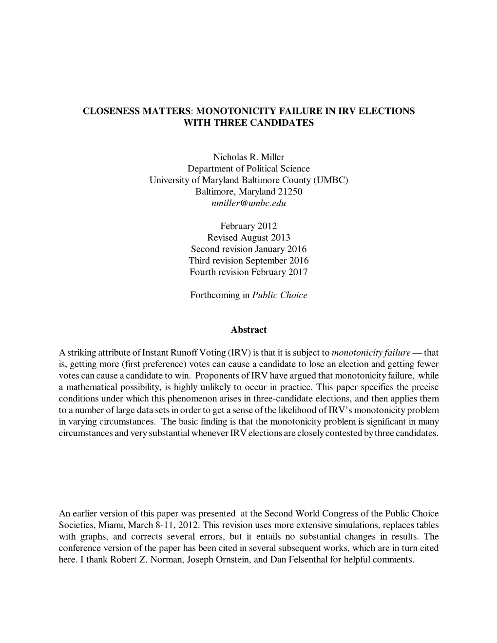 Monotonicity Failure in Irv Elections with Three Candidates