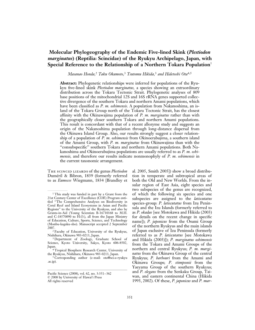 Plestiodon Marginatus) (Reptilia: Scincidae) of the Ryukyu Archipelago, Japan, with Special Reference to the Relationship of a Northern Tokara Population1