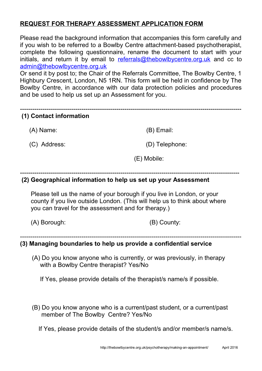 Request for Therapy Assessment Application Form