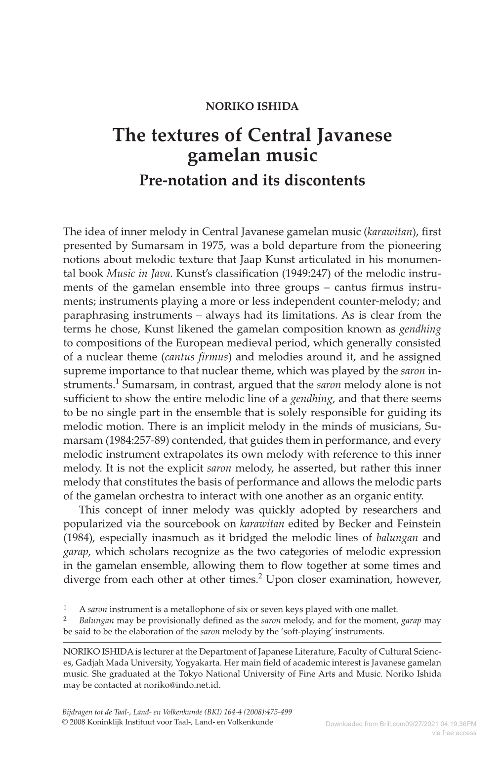 The Textures of Central Javanese Gamelan Music Pre-Notation and Its Discontents