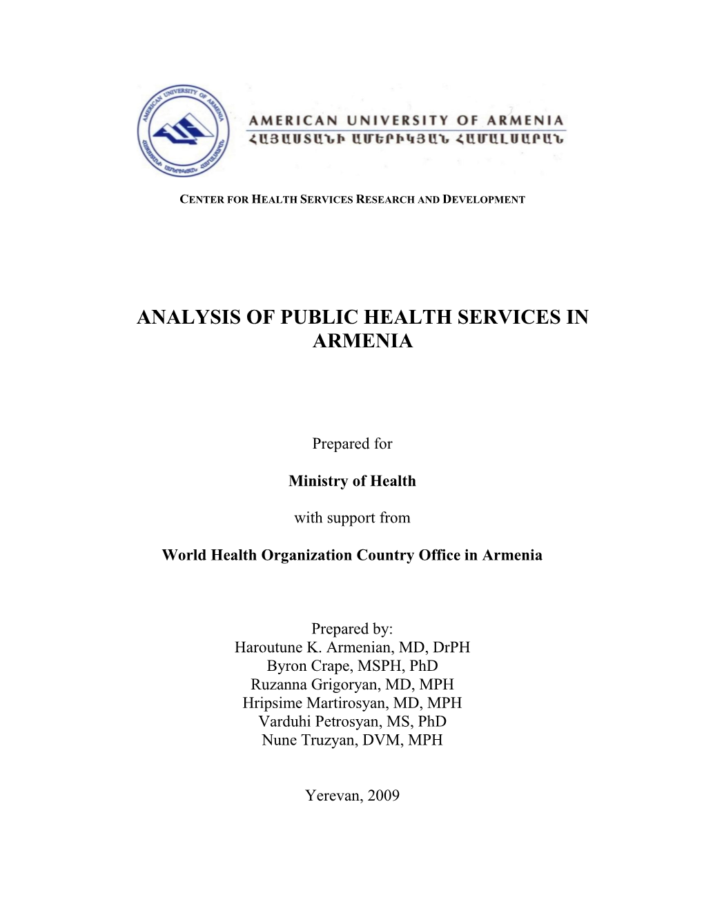 Analysis of Public Health Services in Armenia
