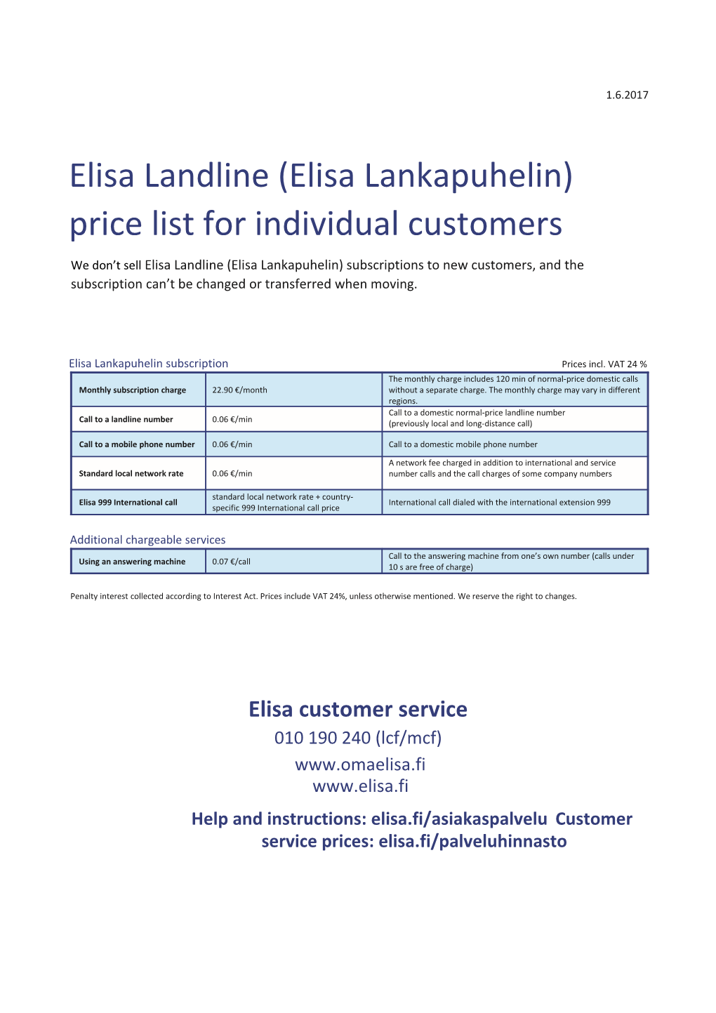 Elisa Landline (Elisa Lankapuhelin) Price List for Individual Customers