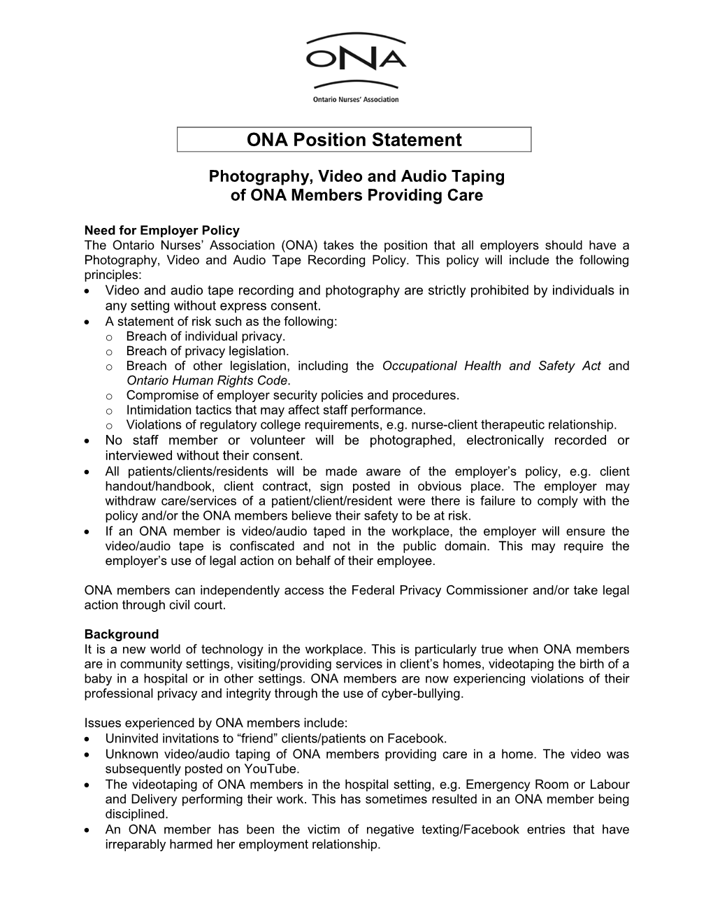 ONA Position Statement