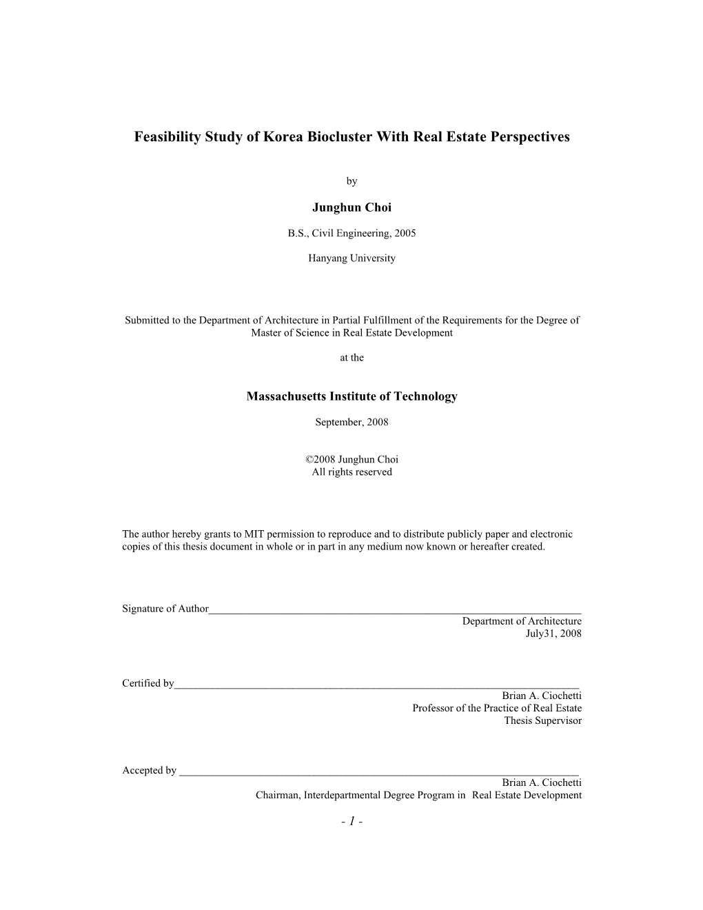 Feasibility Study of Korea Biocluster with Real Estate Perspectives