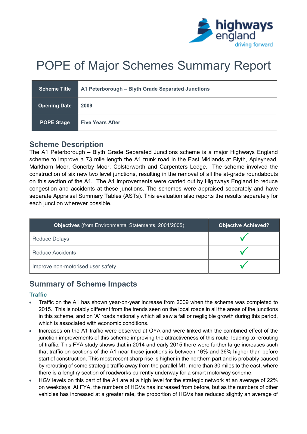 POPE of Major Schemes Summary Report