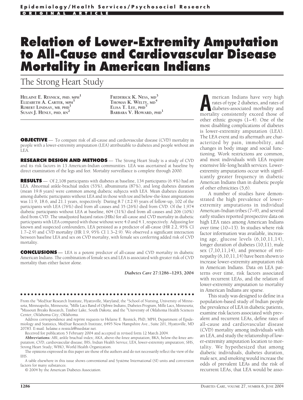 Relation of Lower-Extremity Amputation to All-Cause and Cardiovascular Disease Mortality in American Indians the Strong Heart Study