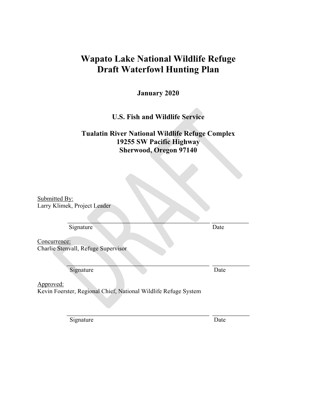 Wapato Lake National Wildlife Refuge Draft Waterfowl Hunting Plan
