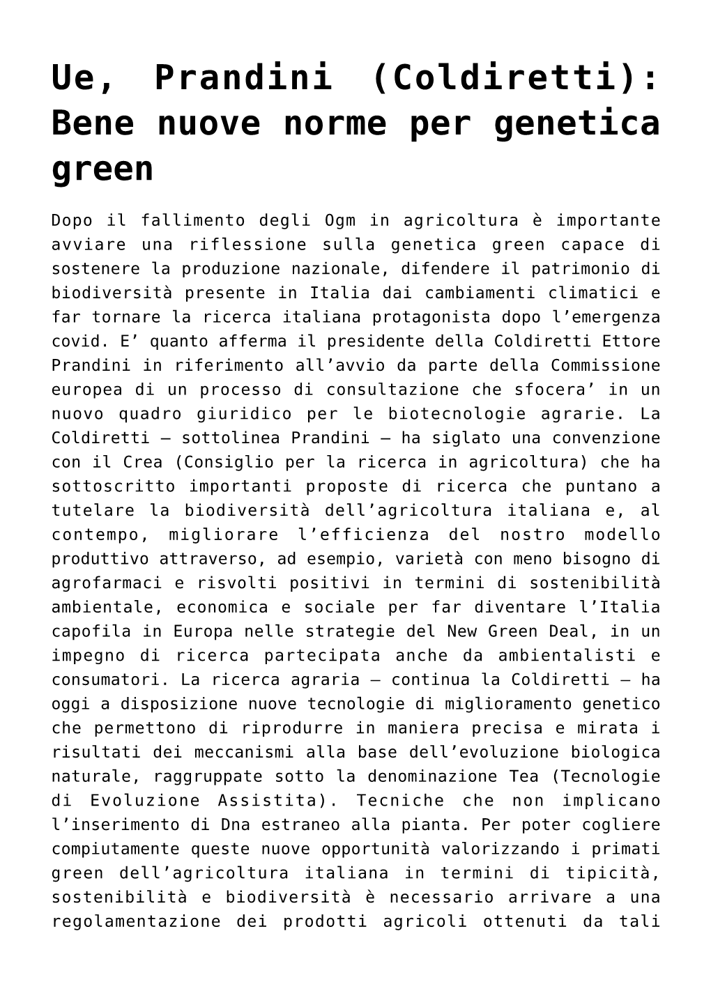 Ue, Prandini (Coldiretti): Bene Nuove Norme Per Genetica Green