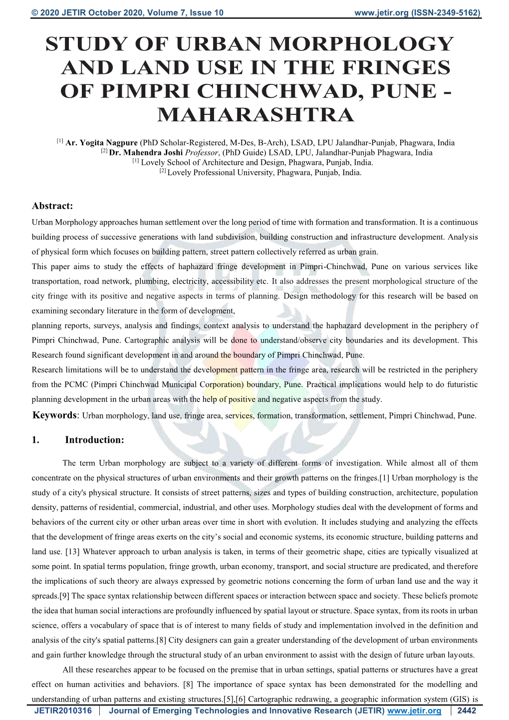 Study of Urban Morphology and Land Use in the Fringes of Pimpri Chinchwad, Pune - Maharashtra