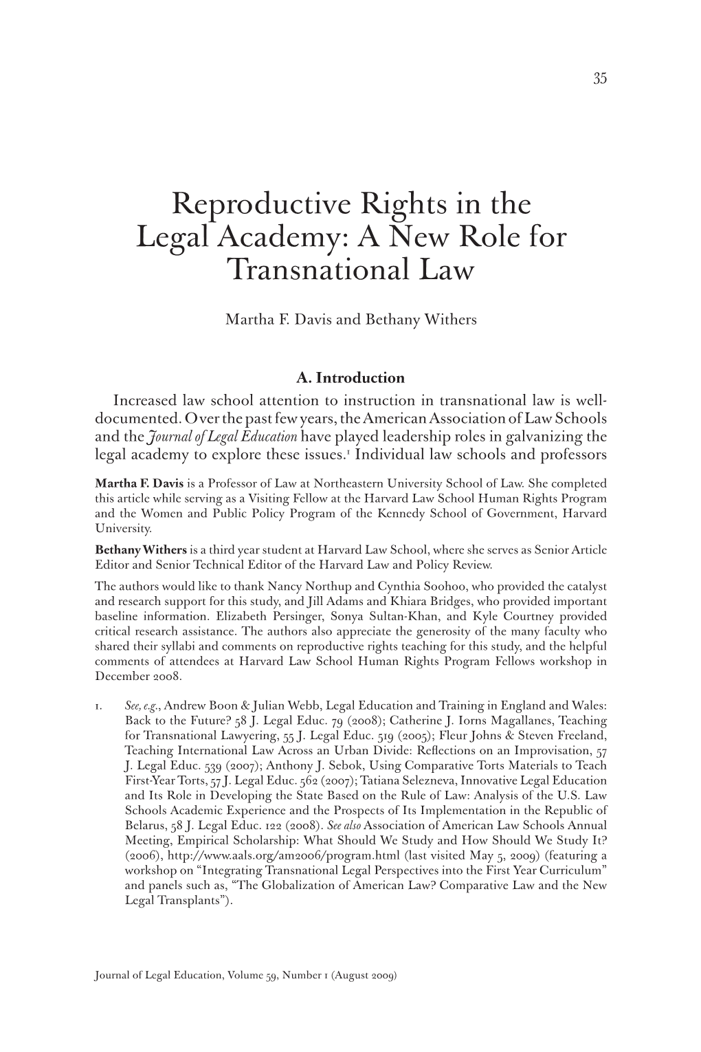 Reproductive Rights in the Legal Academy: a New Role for Transnational Law