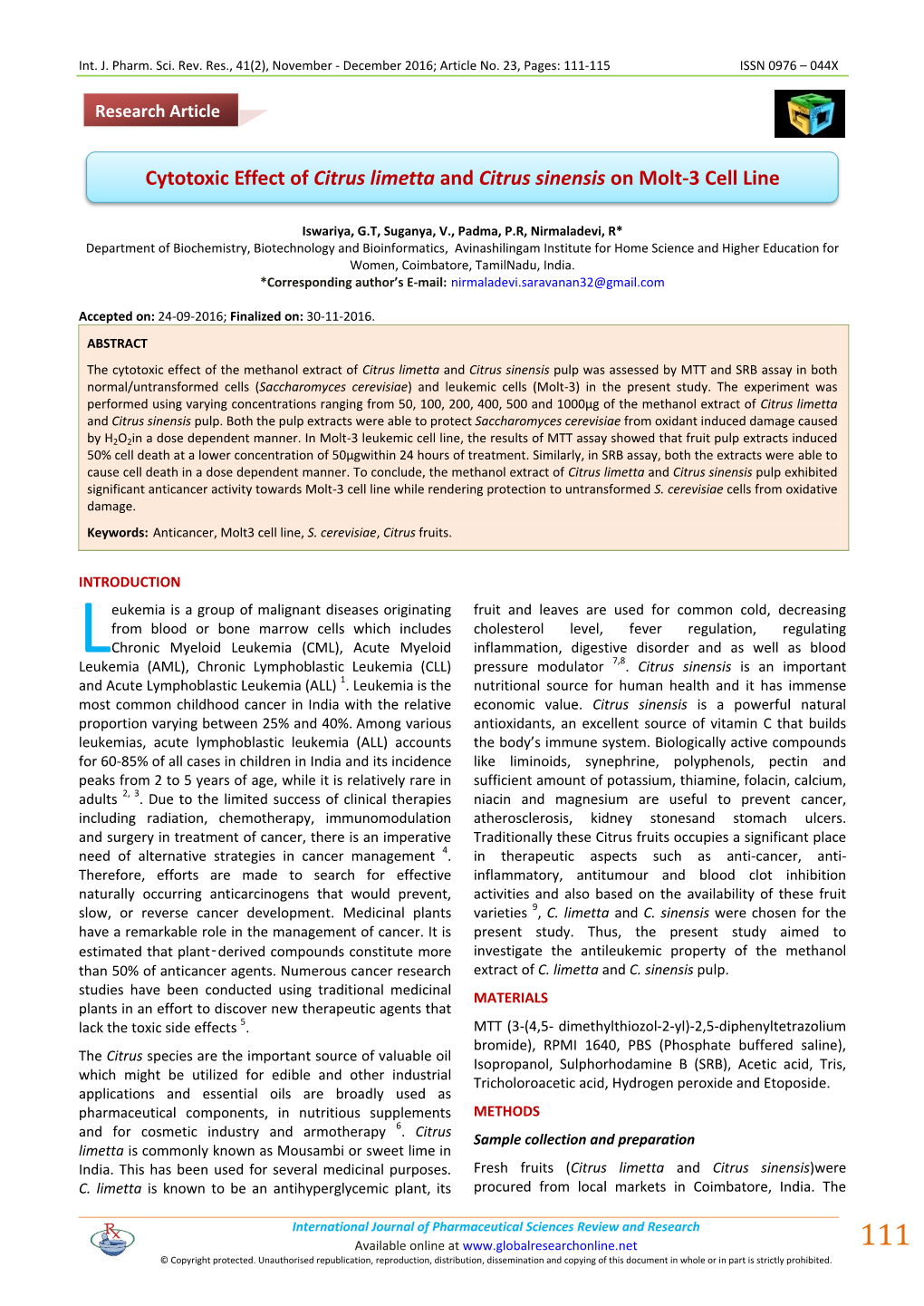 Cytotoxic Effect of Citrus Limetta and Citrus Sinensis on Molt-3 Cell Line