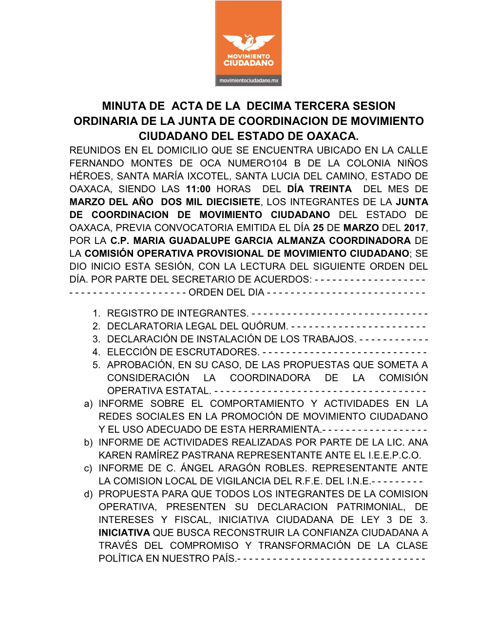 Minuta De Acta De La Decima Tercera Sesion Ordinaria De La Junta De Coordinacion De Movimiento Ciudadano Del Estado De Oaxaca