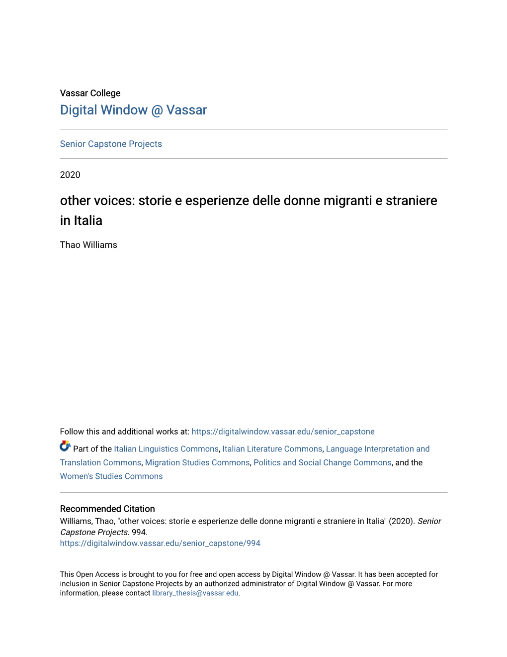 Other Voices: Storie E Esperienze Delle Donne Migranti E Straniere in Italia