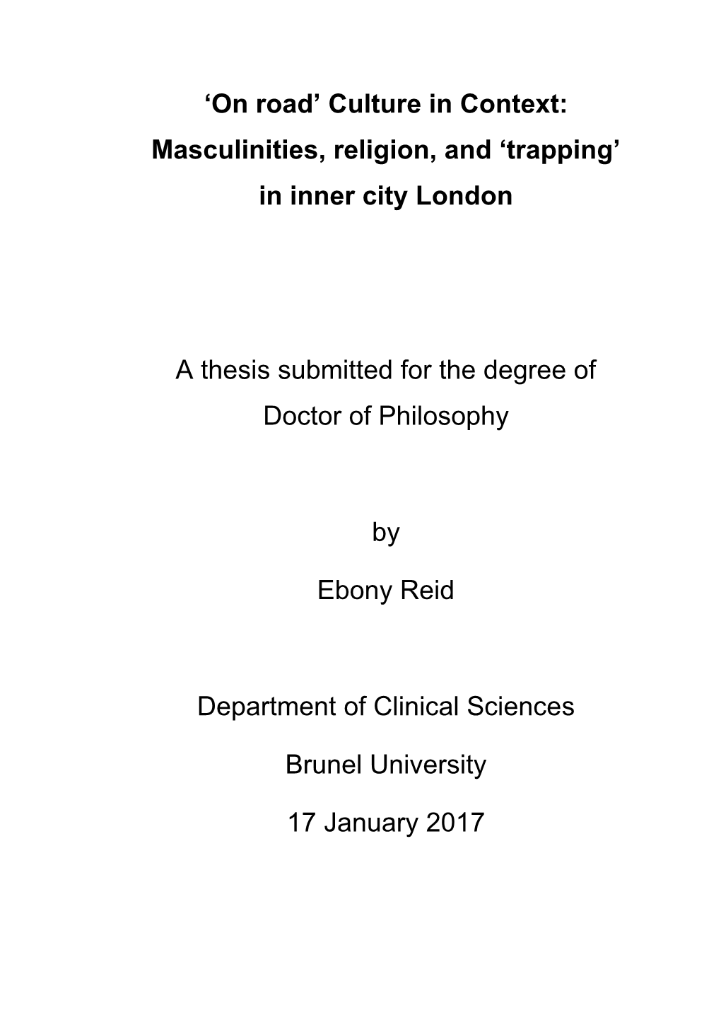 In Inner City London a Thesis Submitted for the De