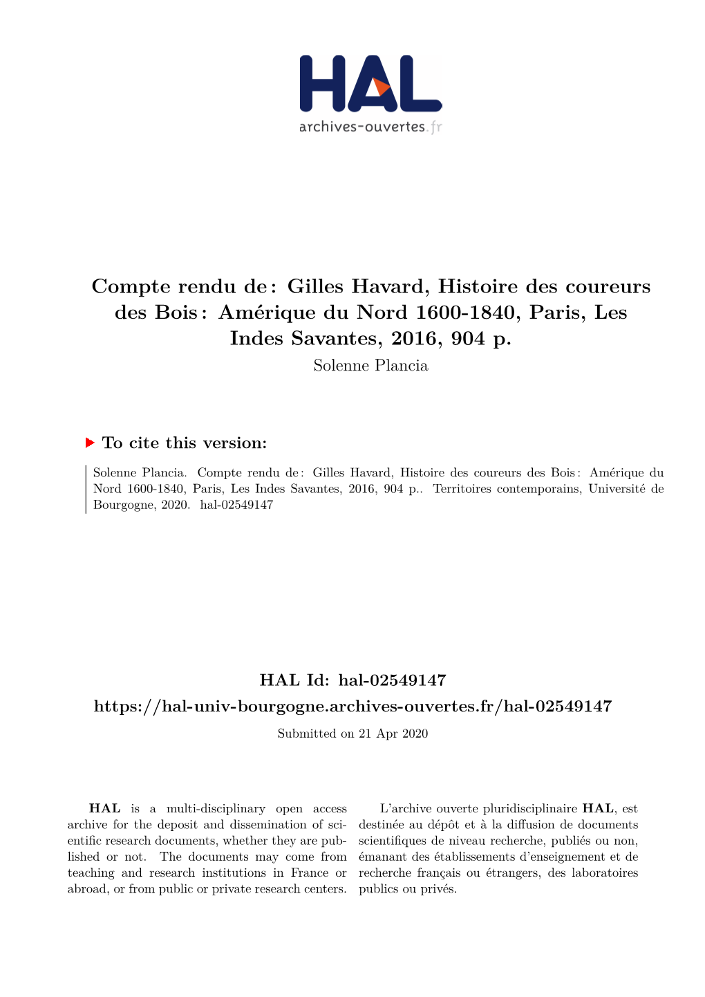 Compte Rendu De: Gilles Havard, Histoire Des Coureurs Des Bois