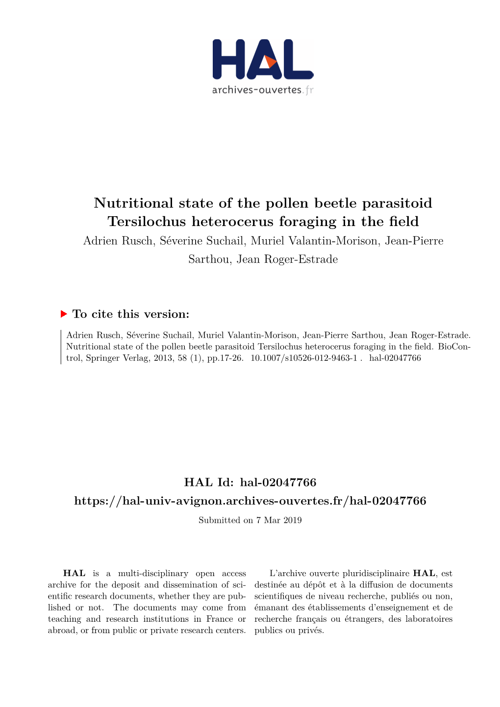 Nutritional State of the Pollen Beetle Parasitoid Tersilochus Heterocerus