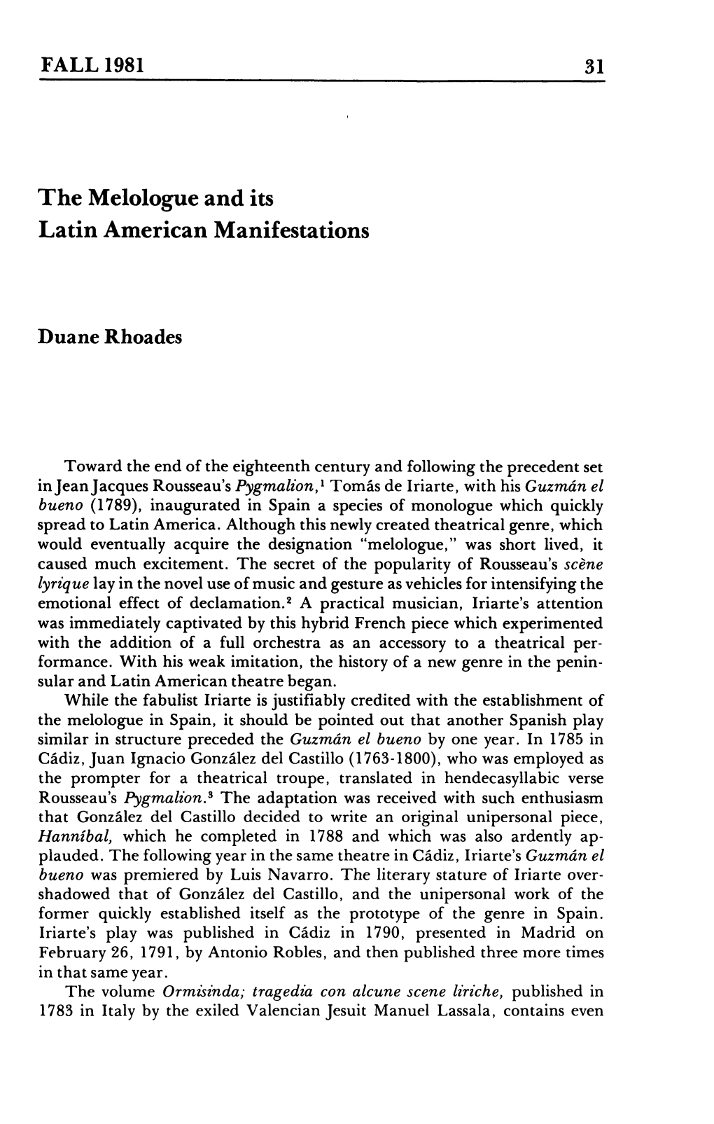 The Melologue and Its Latin American Manifestations