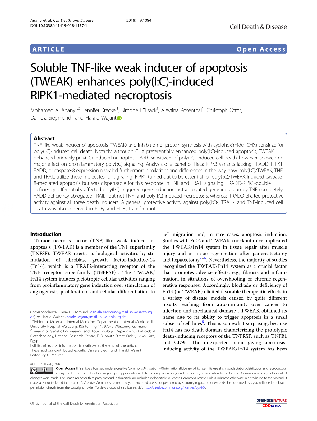 (TWEAK) Enhances Poly(I:C)-Induced RIPK1-Mediated Necroptosis