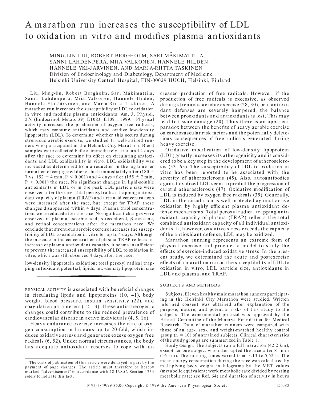 Marathon Run, LDL to Oxidation in Vitro and Modifies Plasma Antioxidants.Pdf