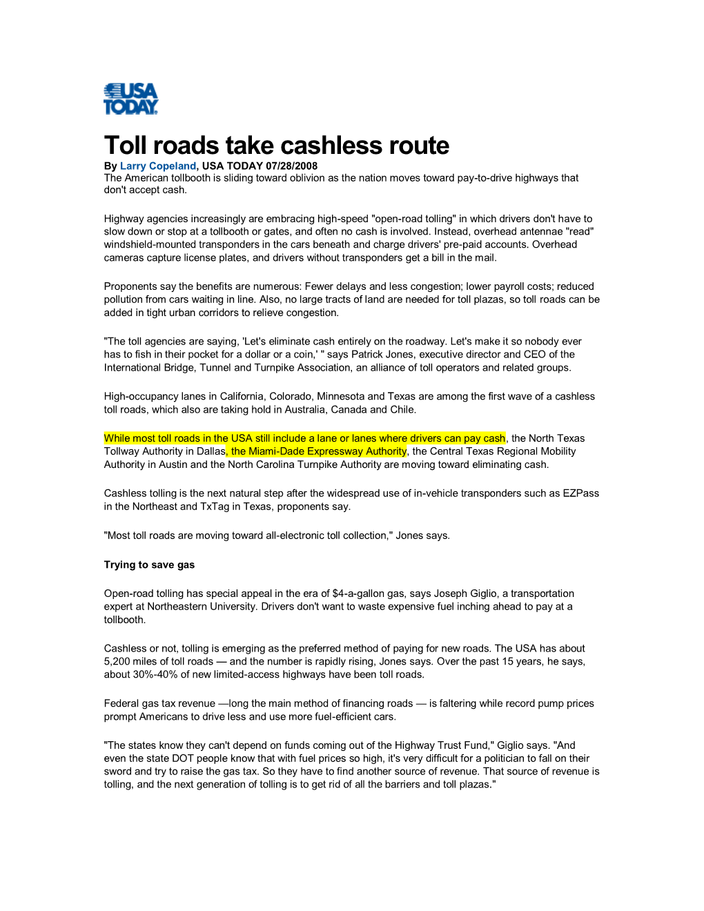 Toll Roads Take Cashless Route
