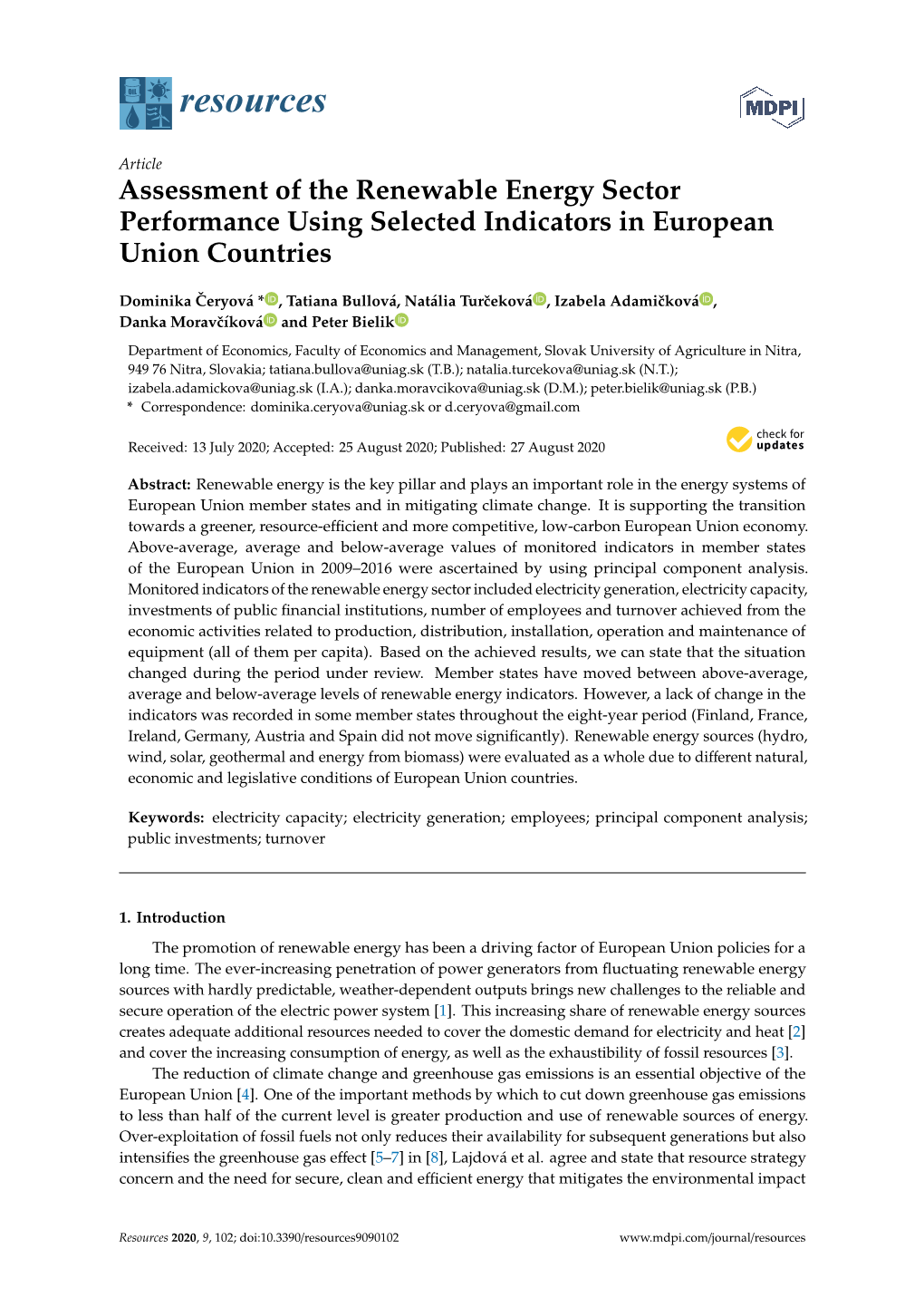 Assessment of the Renewable Energy Sector Performance Using Selected Indicators in European Union Countries