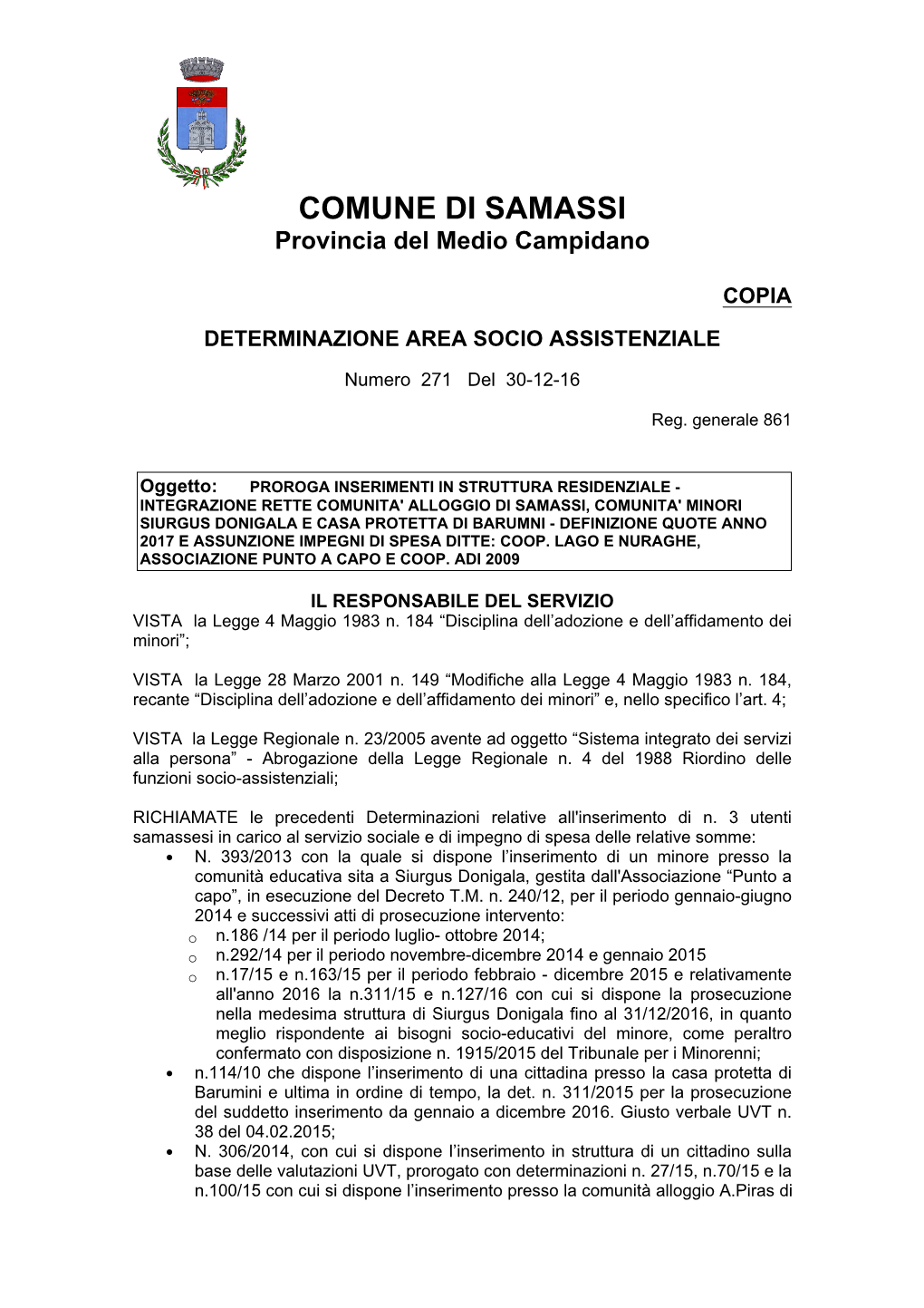 Page 1 COMUNE DI SAMASSI Provincia Del Medio Campidano