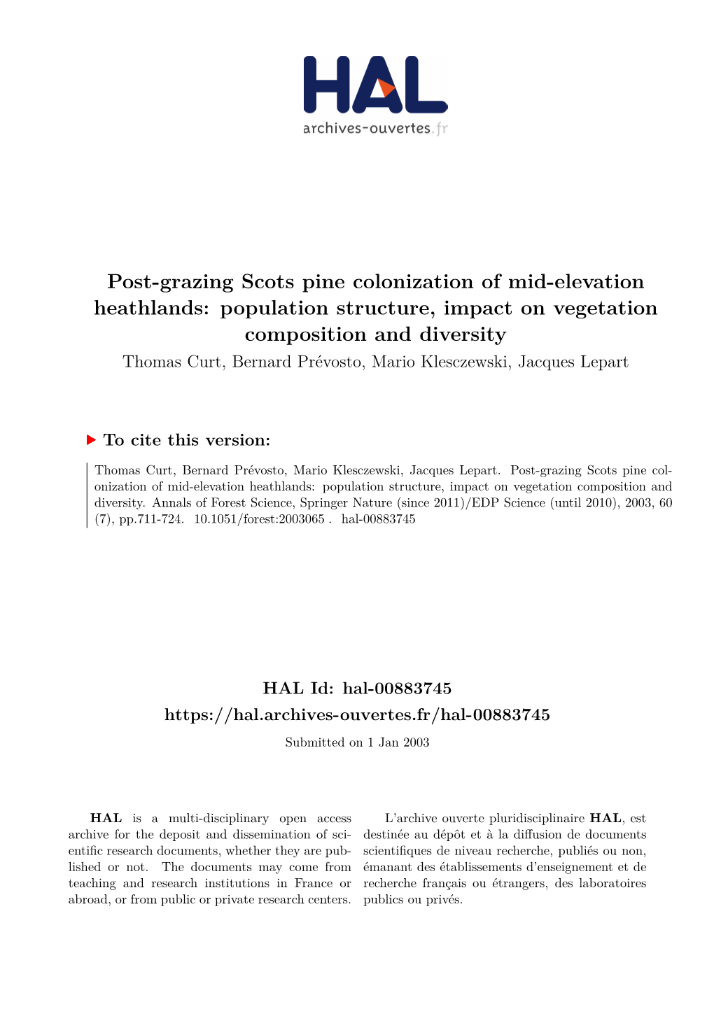 Post-Grazing Scots Pine Colonization of Mid-Elevation Heathlands