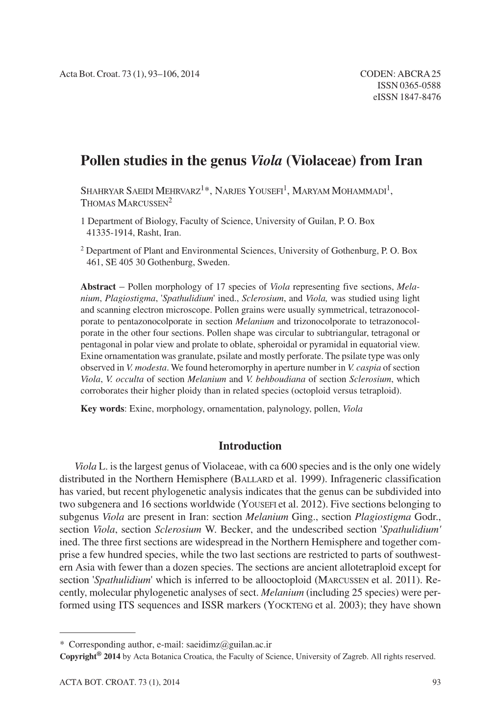 Pollen Studies in the Genus Viola (Violaceae) from Iran