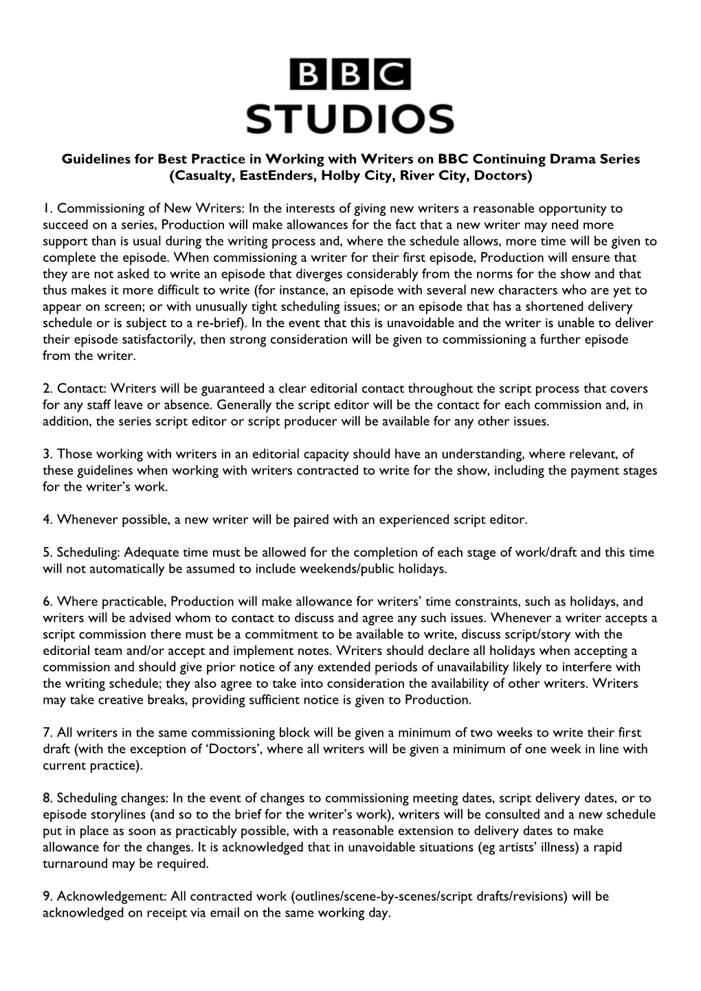 Guidelines for Best Practice in Working with Writers on BBC Continuing Drama Series (Casualty, Eastenders, Holby City, River City, Doctors)