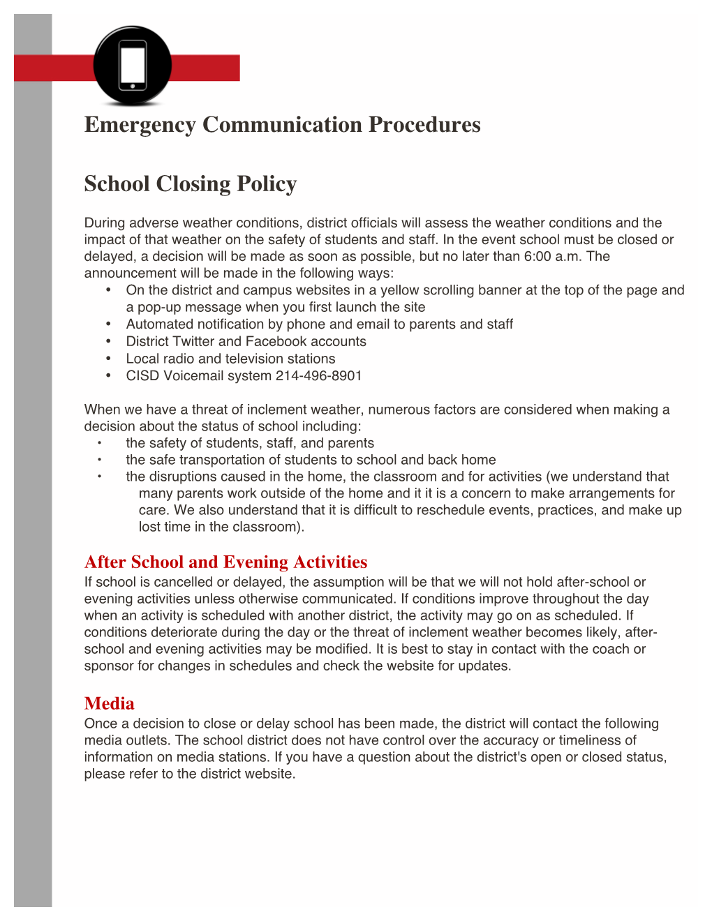 Emergency Communication Procedures School Closing Policy