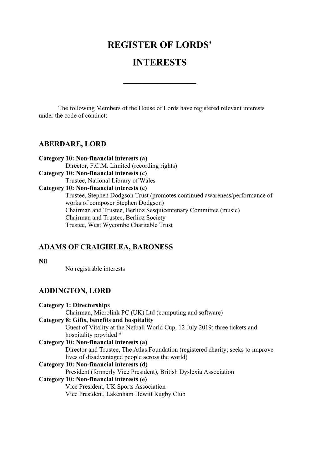 Register of Lords' Interests