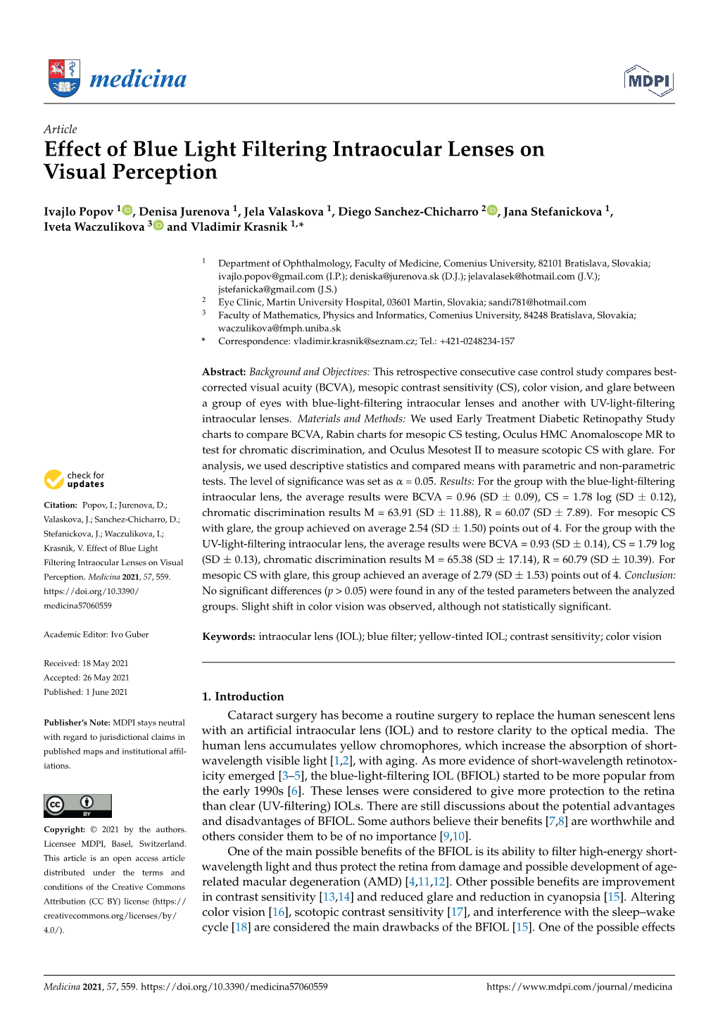 Effect of Blue Light Filtering Intraocular Lenses on Visual Perception