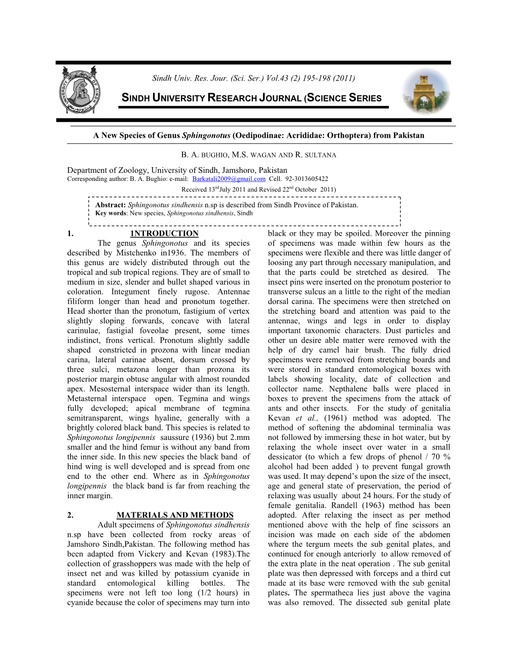 (SCIENCE SERIES a New Species of Genus Sphingonotus (Oedipodinae