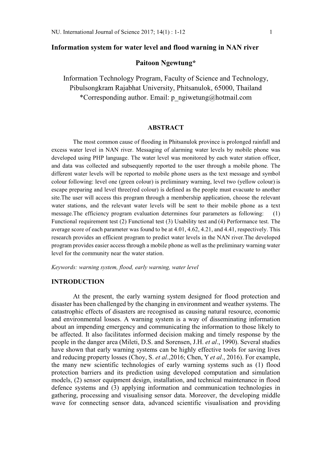 Information System for Water Level and Flood Warning in NAN River