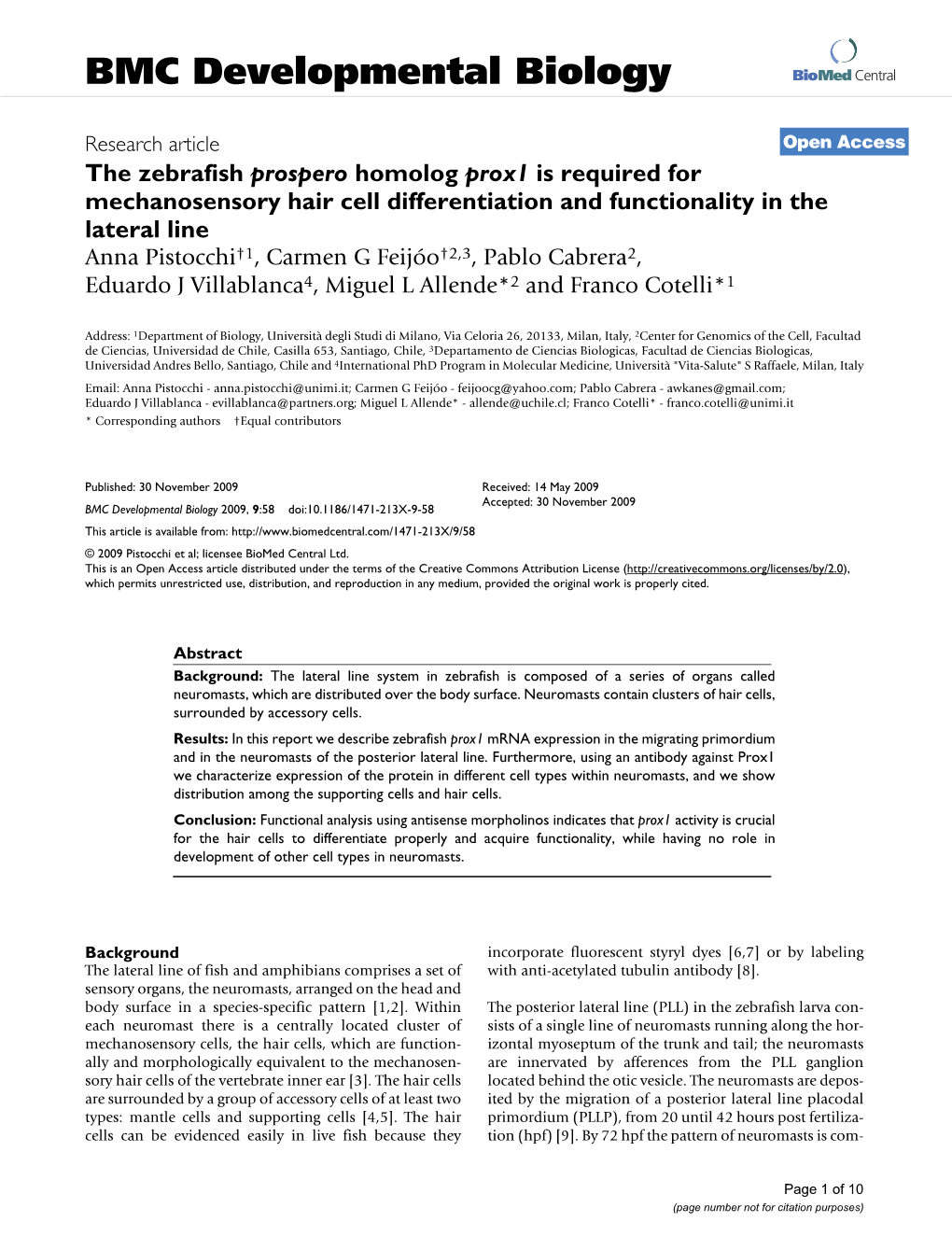 The Zebrafish Prospero Homolog Prox1 Is Required For