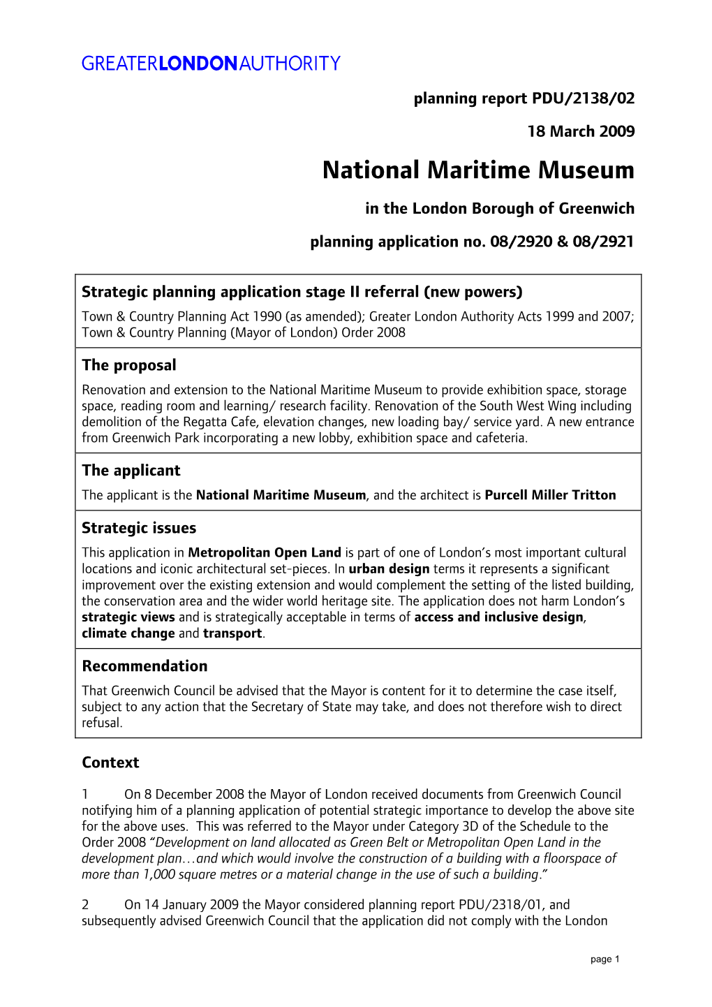 National Maritime Museum in the London Borough of Greenwich Planning Application No