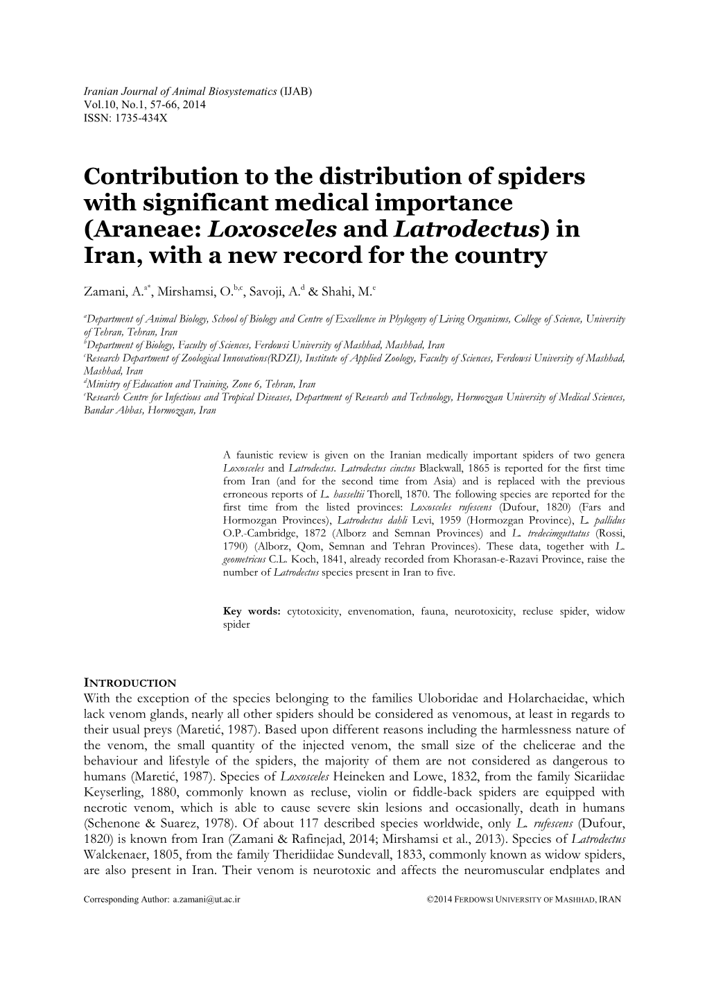 Araneae: Loxosceles and Latrodectus ) in Iran, with a New Record for the Country