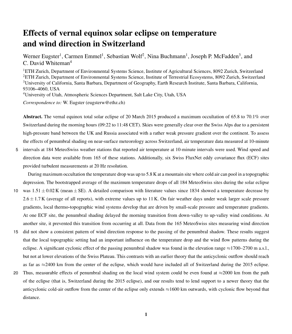 Effects of Vernal Equinox Solar Eclipse on Temperature and Wind Direction in Switzerland Werner Eugster1, Carmen Emmel1, Sebastian Wolf2, Nina Buchmann1, Joseph P