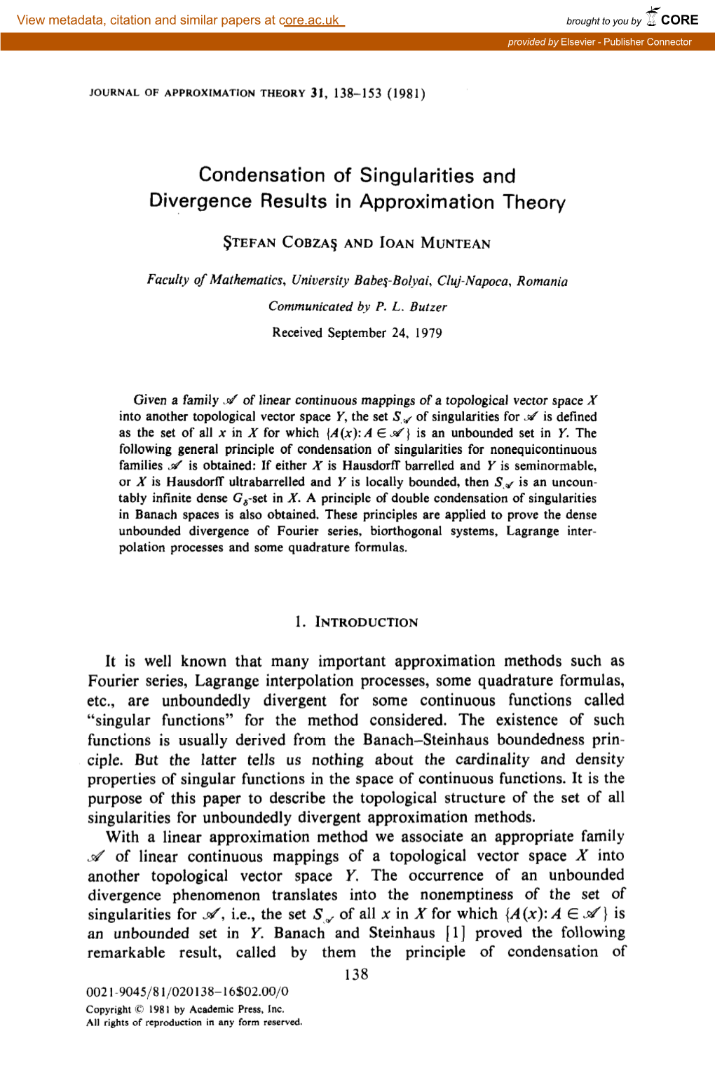 Condensation of Singularities and Divergence Results in Approximation Theory
