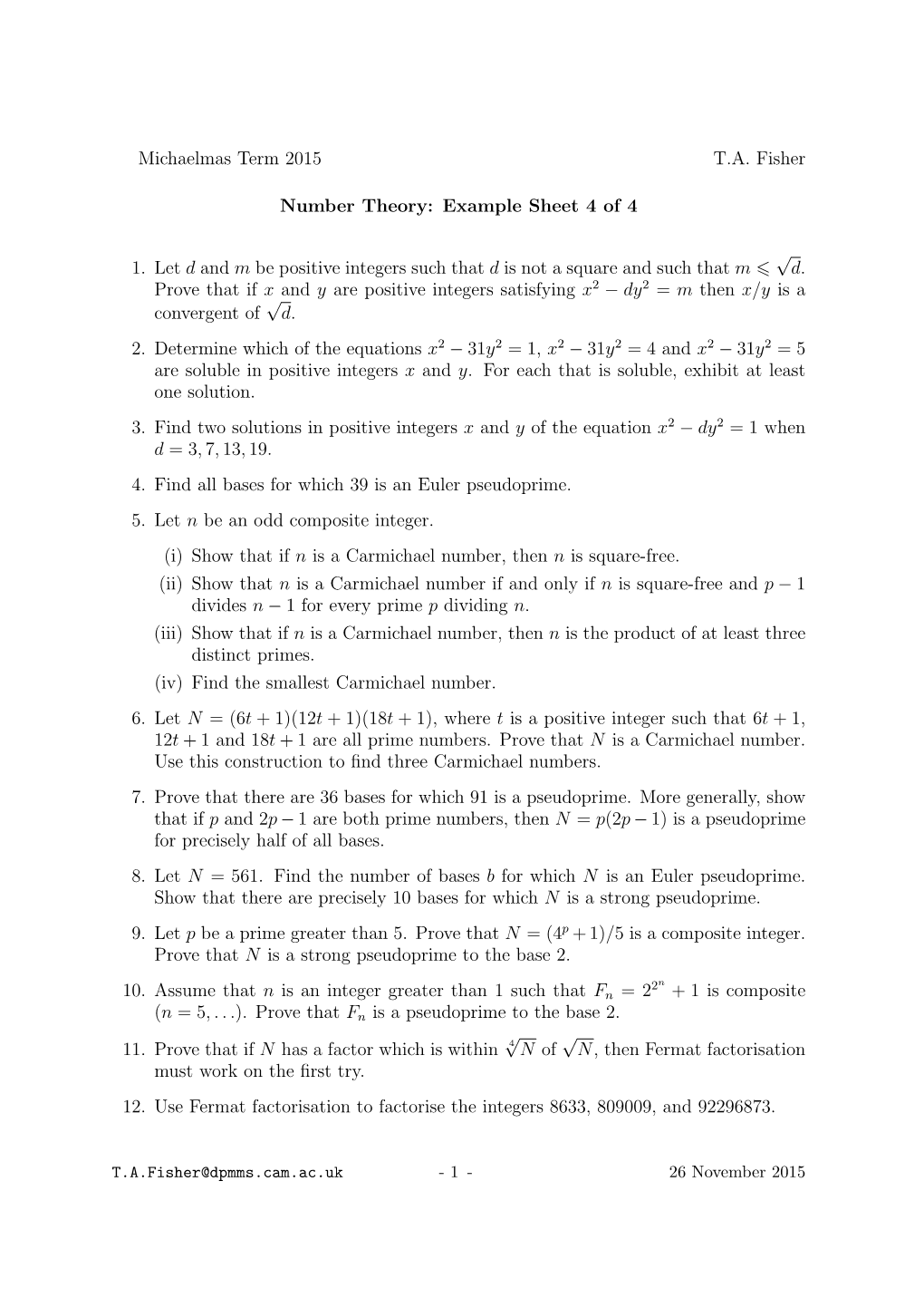 Michaelmas Term 2015 T.A. Fisher Number Theory: Example Sheet 4