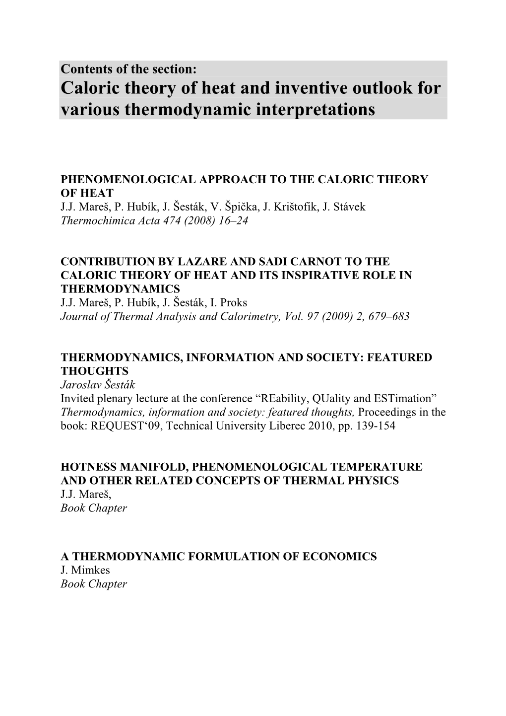 Caloric Theory and Thermodynamics