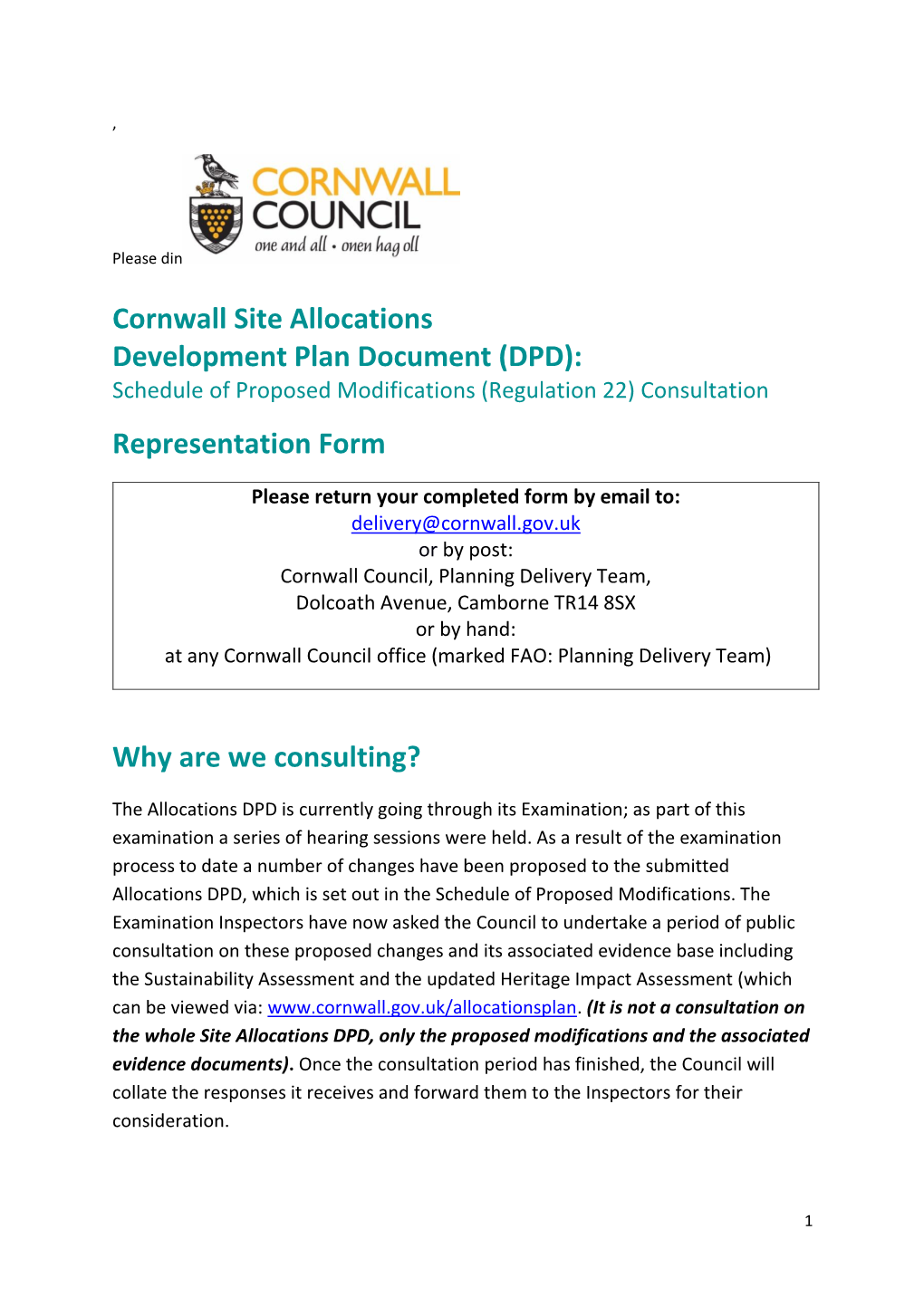 Cornwall Site Allocations Development Plan Document (DPD): Schedule of Proposed Modifications (Regulation 22) Consultation