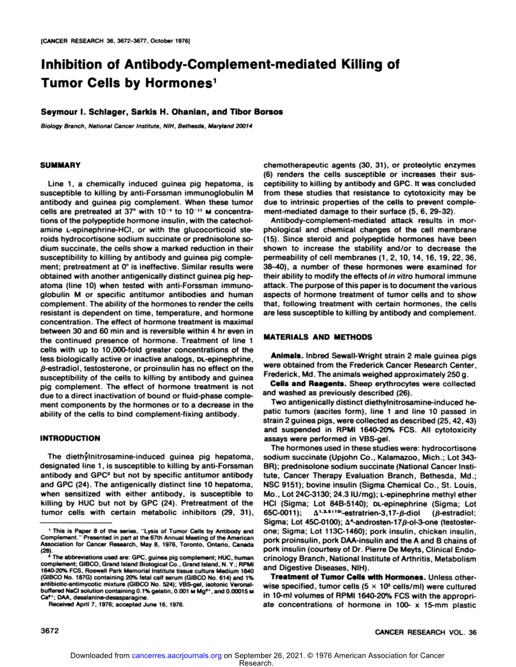 Inhibition of Antibody-Complement-Mediated Killing of Tumor Cells by Hormones1